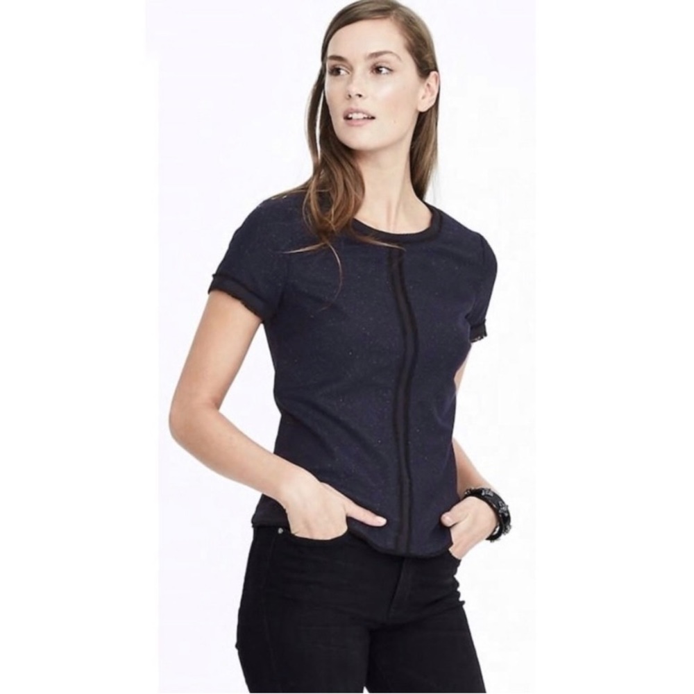 Banana Republic Wool Blend Navy Black Professional Office Top Fringe Ribbon 0